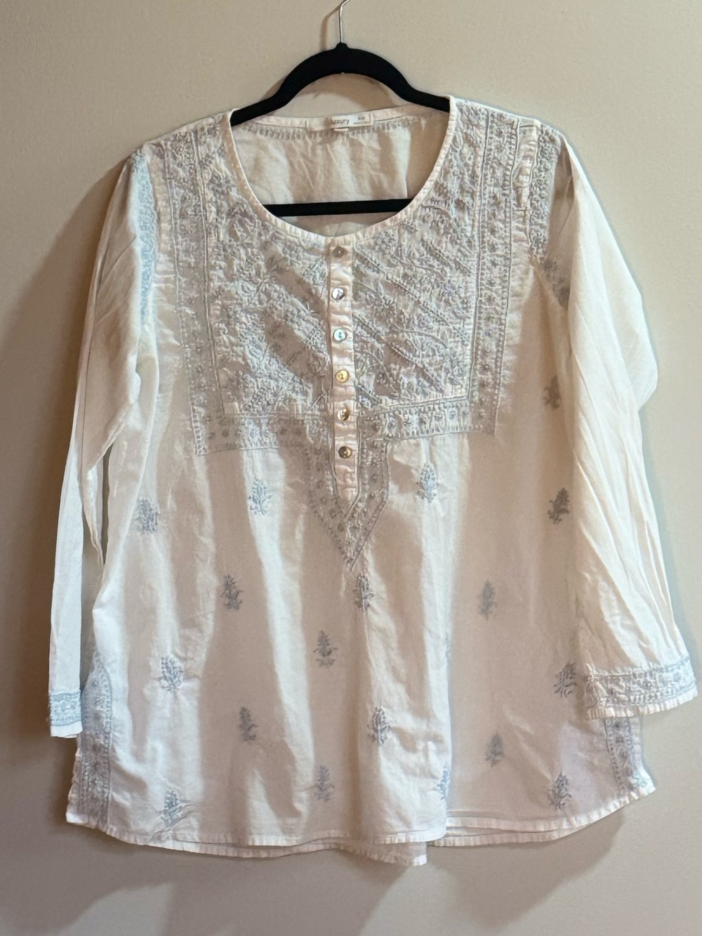 Subtle Luxury Embroidered Cotton Peasant Blouse S/M Boho White Top India